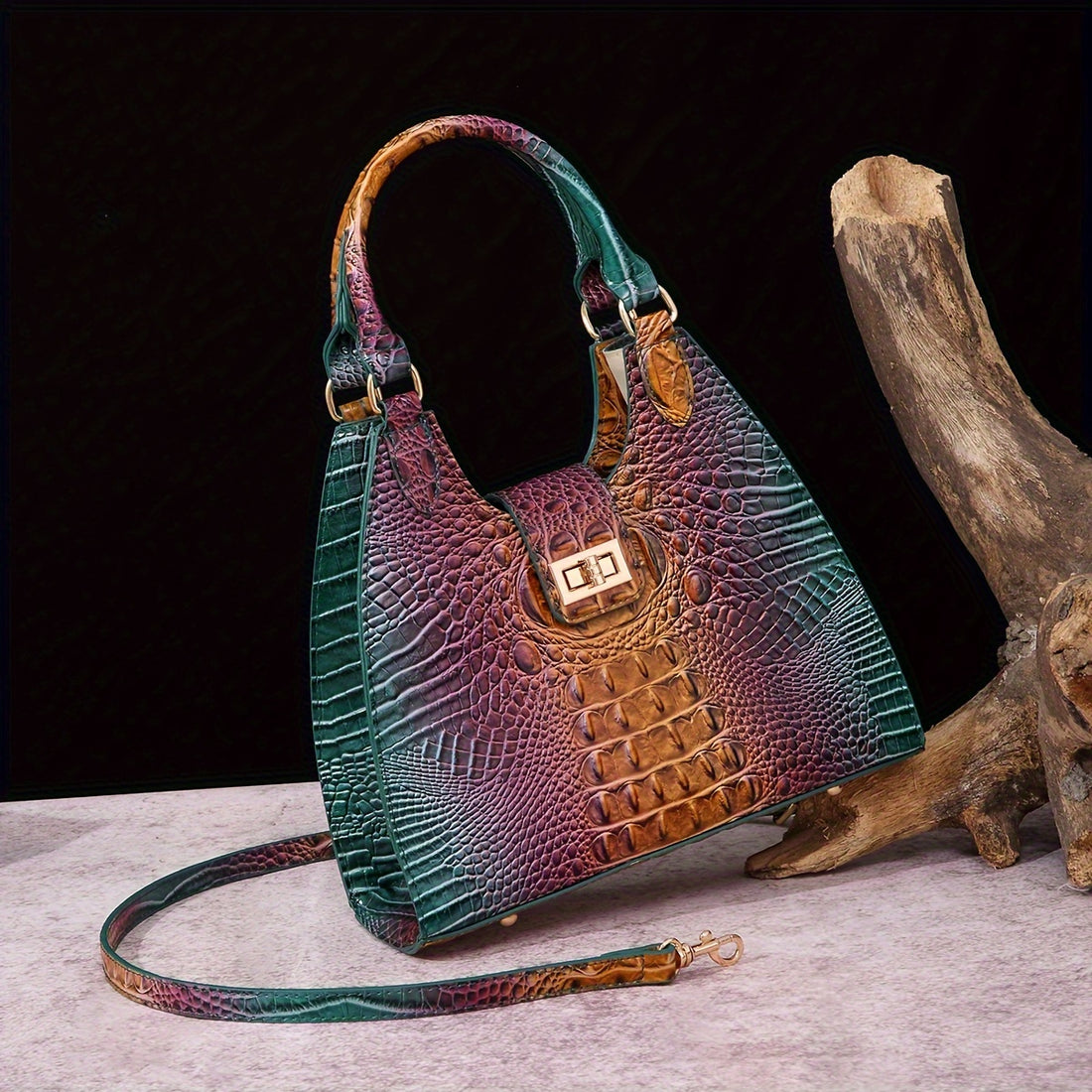Trendy Colorful Crocodile Pattern Shoulder Bag, Portable Turnlock Handbag, Perfect Crossbody Bag For Everyday Use