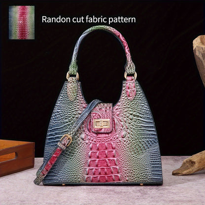 Trendy Colorful Crocodile Pattern Shoulder Bag, Portable Turnlock Handbag, Perfect Crossbody Bag For Everyday Use