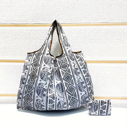 Retro Elephant Pattern Shoulder Bag, Lightweight Multifunctional Shopping Handbag, Lightweight Foldable Bag