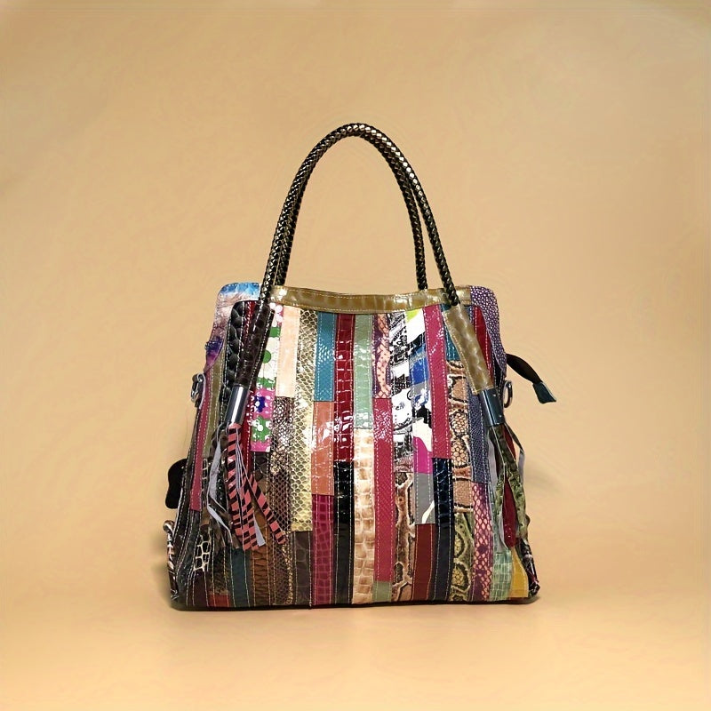 Vintage Stitching Tote Bag, Luxury Genuine Leather Handbag, Snakeskin Pattern Crossbody Bag For Women