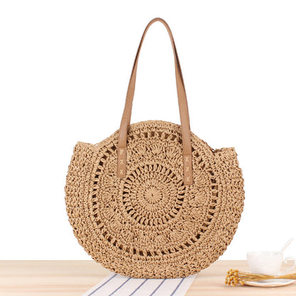 Hollow-Out Straw Handbag, Fashion Woven Beach Bag, Round Large Capacity Shoulder Bag