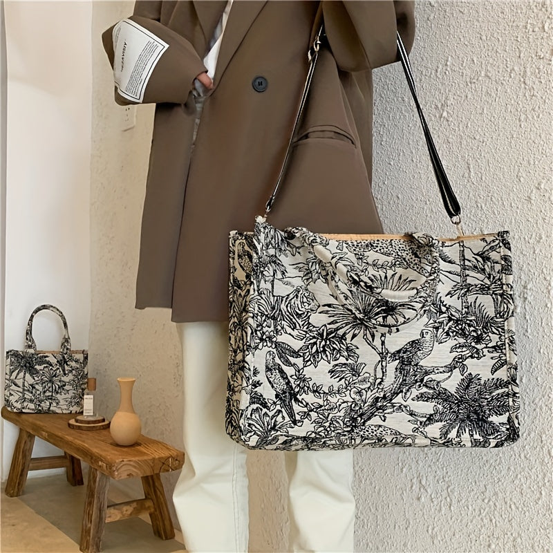 Flower Sketch Large Capacity Canvas Tote Bag, Durable Lightweight Shoulder Satchel Bag, Casual Practical Commuter Bag