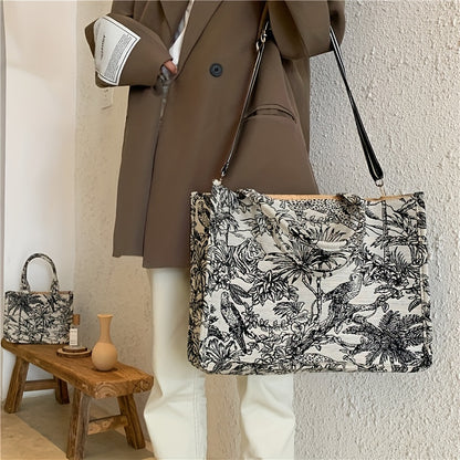 Flower Sketch Large Capacity Canvas Tote Bag, Durable Lightweight Shoulder Satchel Bag, Casual Practical Commuter Bag