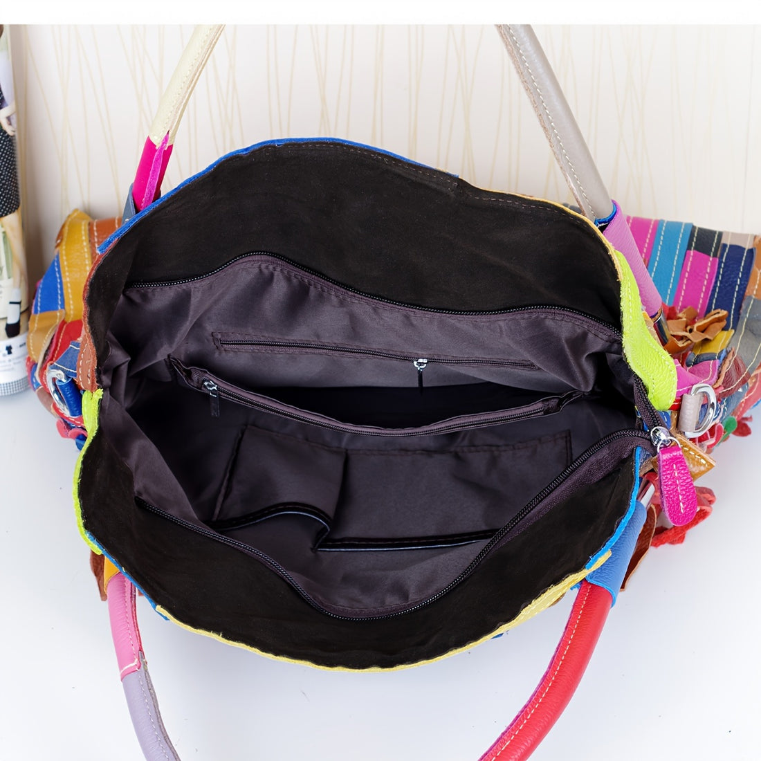 Flower Decor Handbag For Women, Genuine Leather Tote Bag, Luxury Retro Large Crossbody Bag