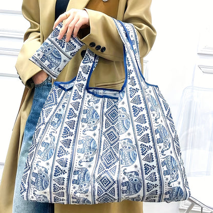 Retro Elephant Pattern Shoulder Bag, Lightweight Multifunctional Shopping Handbag, Lightweight Foldable Bag