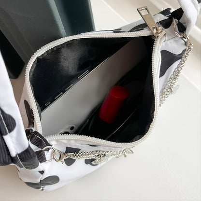 Cow Print Shoulder Bag, Women's Elegant Zipper Purse, Fashion Chain Decor Baguette Bag