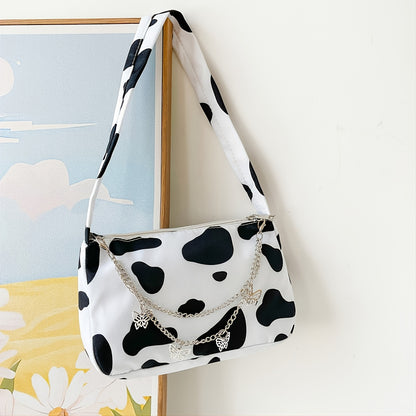 Cow Print Shoulder Bag, Women's Elegant Zipper Purse, Fashion Chain Decor Baguette Bag