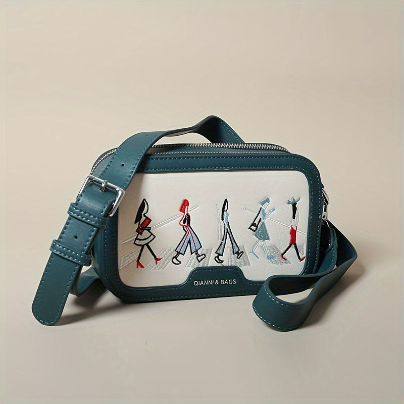 Cute Embroidered Crossbody Bag, Cartoon Double Zipper Square Purse, Women's Wide Strap Shoulder Bag