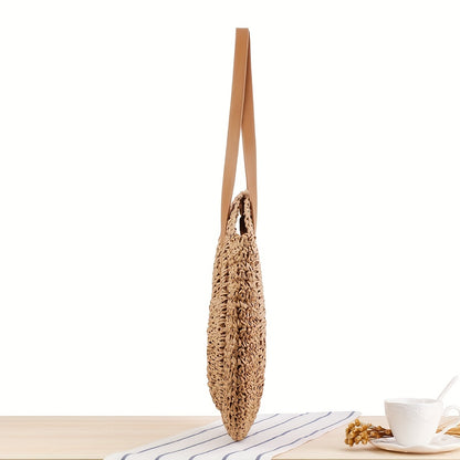 Hollow-Out Straw Handbag, Fashion Woven Beach Bag, Round Large Capacity Shoulder Bag